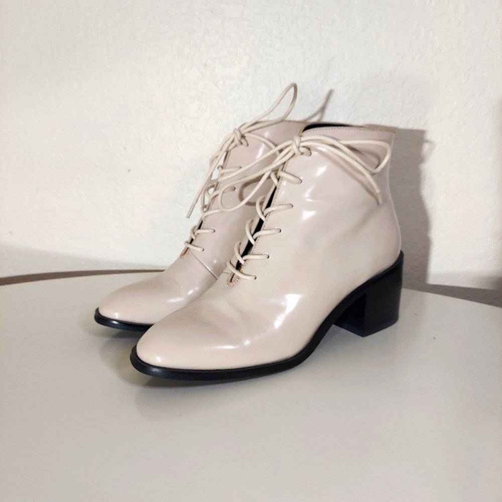 Jeffrey Campbell Talcott Cream Leather Lace Up Block Heel Bootie Women's Size 8